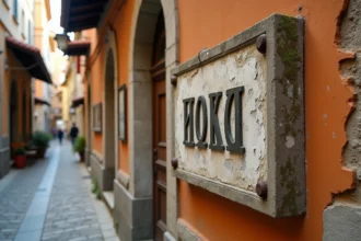 Panneau de rue en pierres gravées de lettres cyrilliques dans une ruelle historique serbe aux pavés anciens