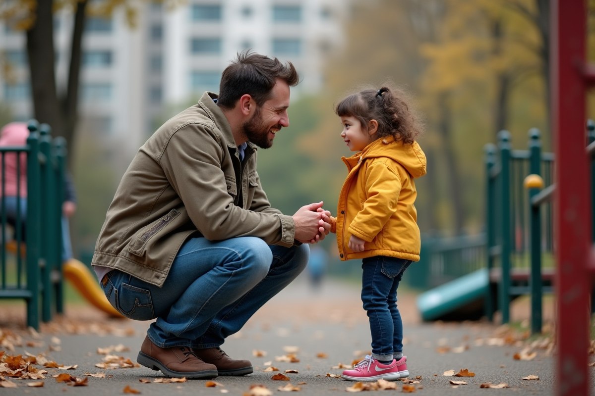 Pere et fille parlant dans un parc en automne