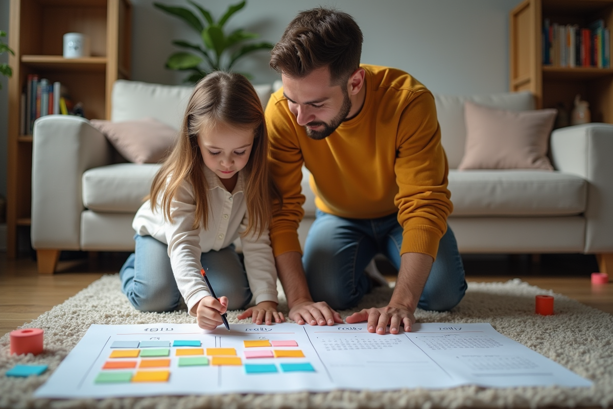Père et fille organisent un calendrier familial sur le sol du salon