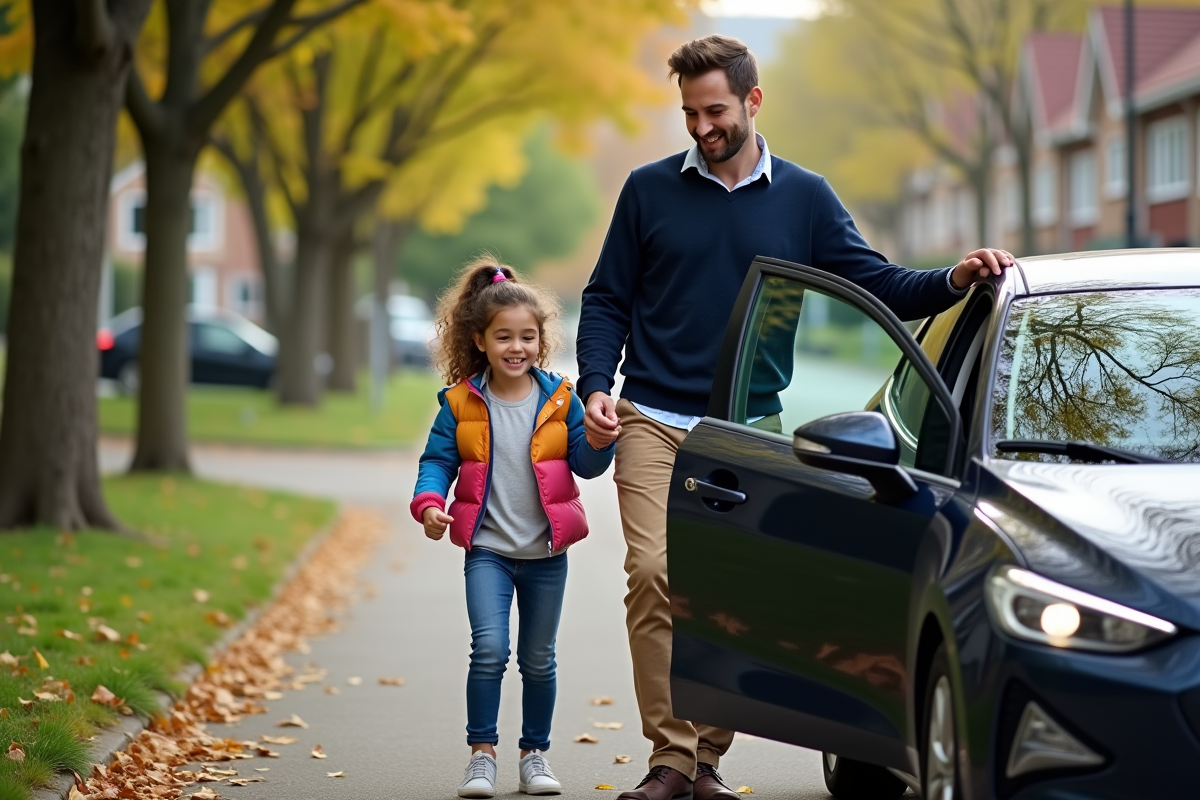 Père et fille souriants sortant d