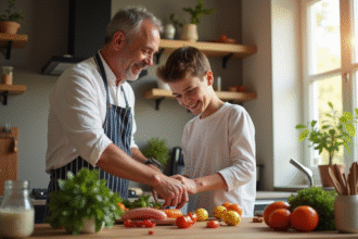 Père et fils adolescents cuisinant dans une cuisine moderne