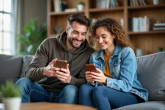 Deux amis partageant un lien Monopoly GO sur leurs smartphones dans un salon moderne