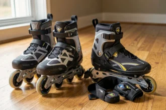 Patins en ligne, patin quad et protections posés sur un parquet