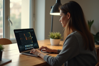 Personne concentrée sur un ordinateur avec jeu Minesweeper dans un bureau lumineux