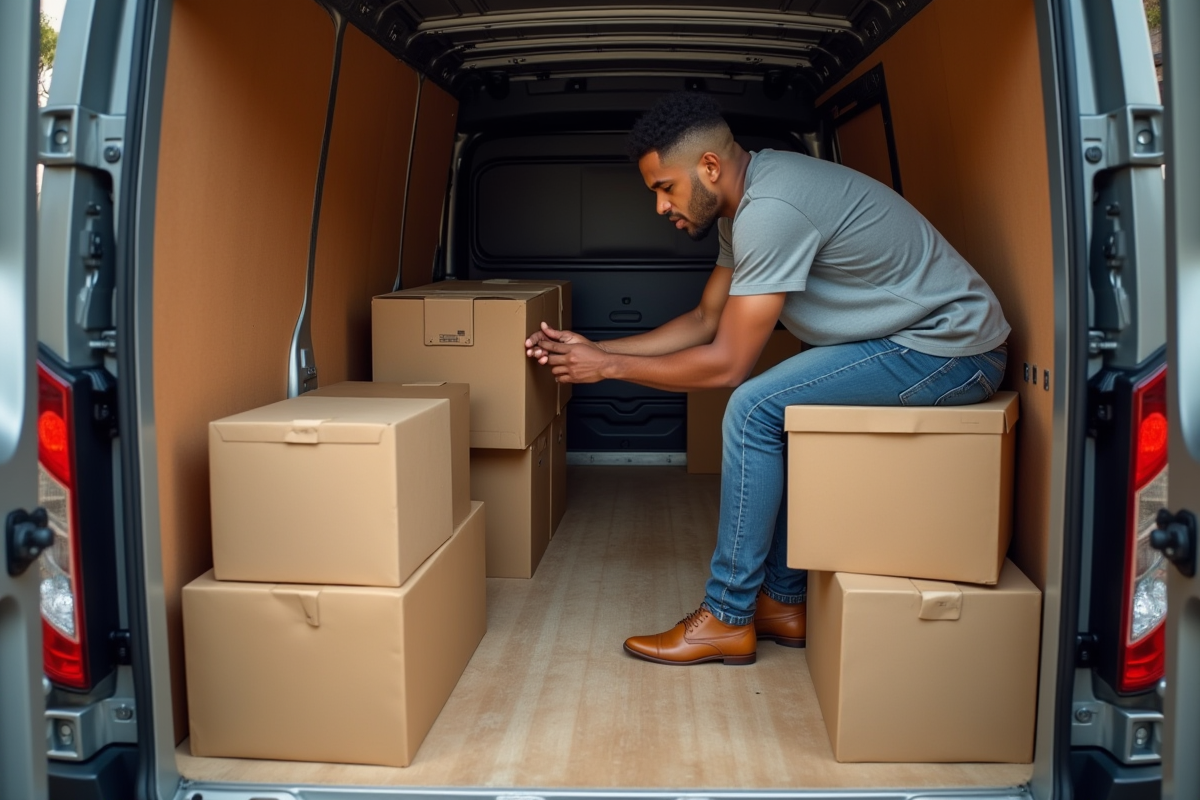 Personne arrangeant meubles et cartons dans un van vu du dessus