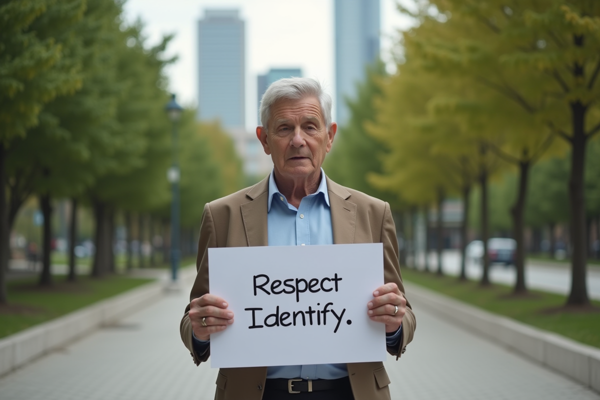 Personne nonbinaire avec pancarte respect dans un parc urbain
