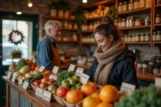 Femme faisant ses courses dans un petit commerce de quartier ouvert le dimanche avant Noël avec un commerçant accueillant derrière son comptoir en bois