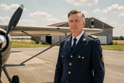 Pilote français en uniforme d'aviateur posant près d'un avion à hélice sur un aérodrome vintage