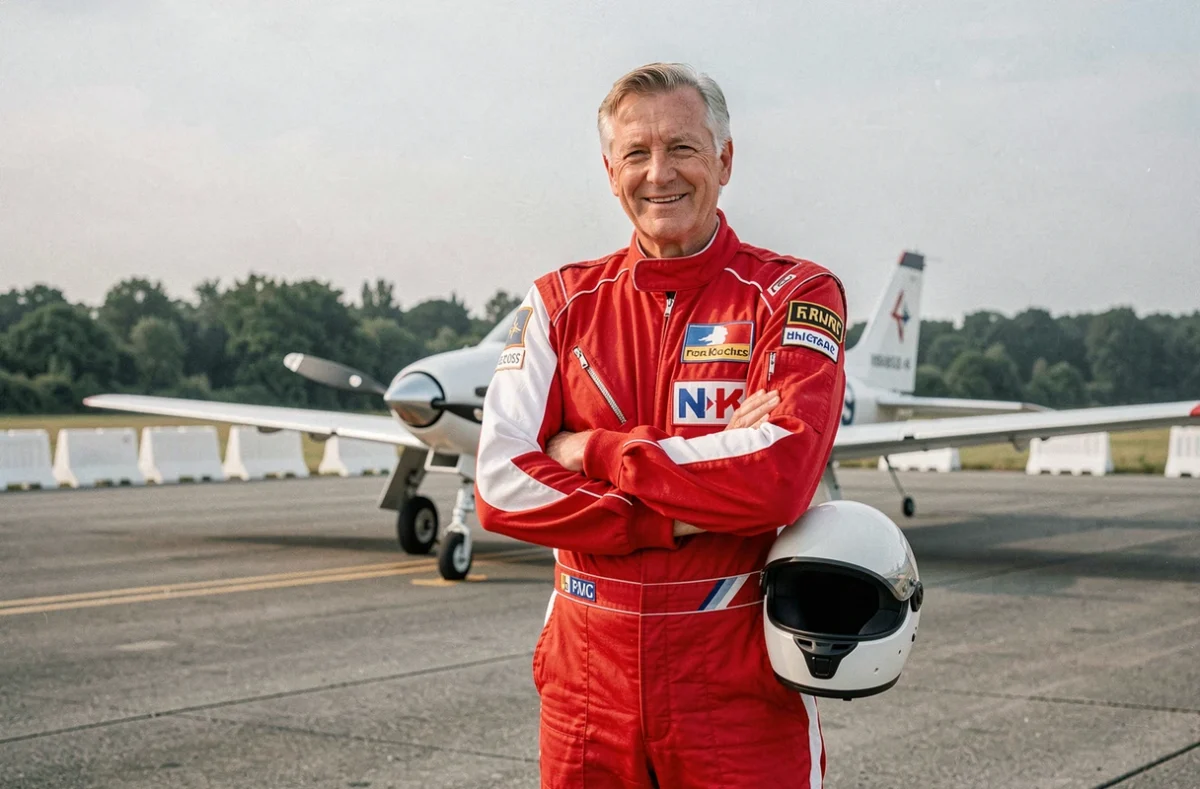 Pilote de voltige en combinaison rouge et blanche devant un avion de compétition sur un aérodrome d'airshow