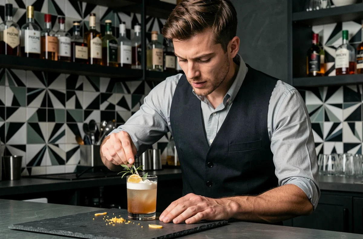 Mixologue garnissant un cocktail sophistiqué derrière le comptoir en ardoise du bar Pioche