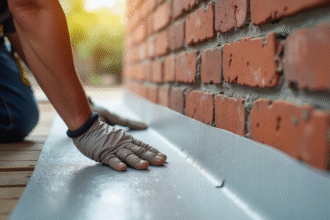 Main d'ouvrier appliquant une membrane d'étanchéité sur une brique