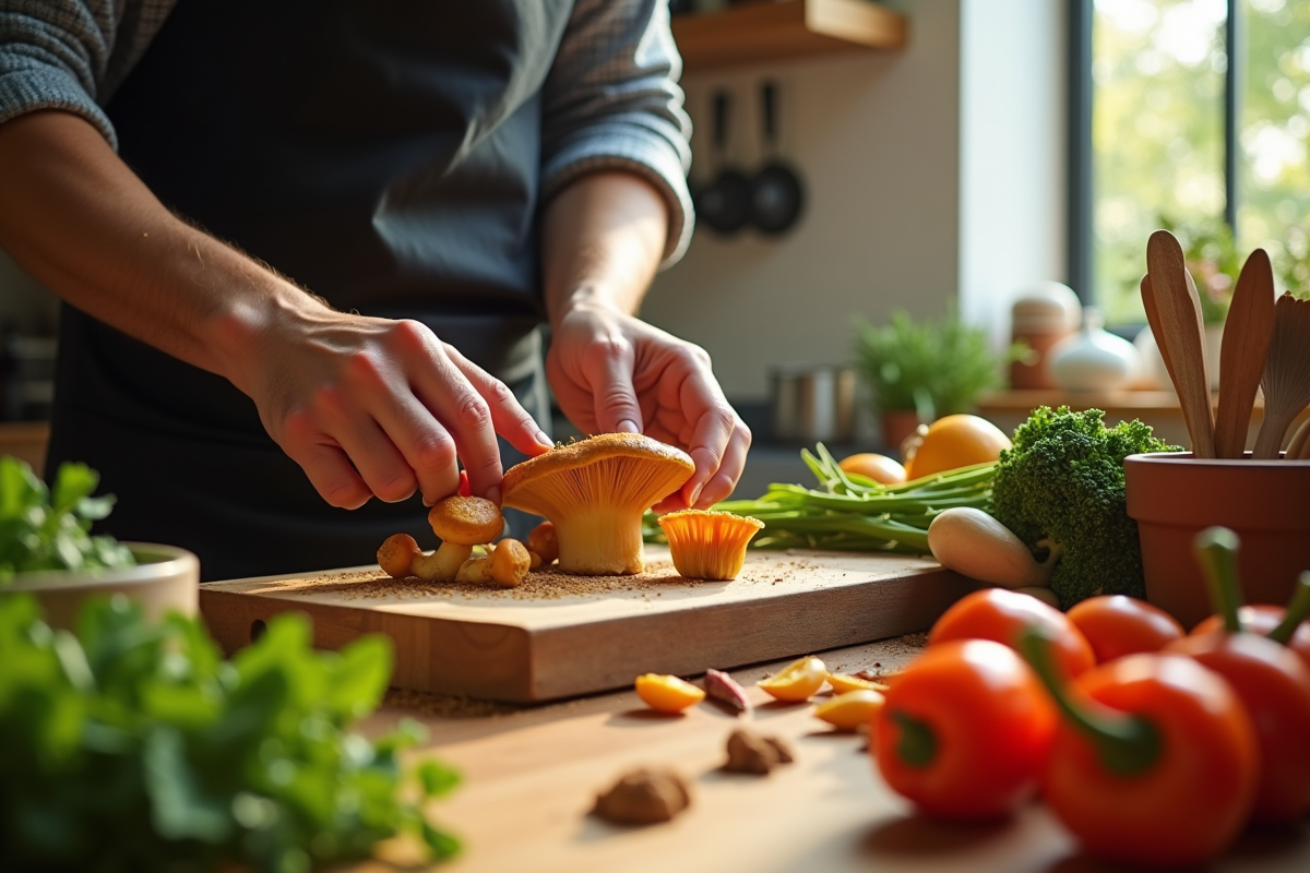 Chef préparant des chanterelles dans une cuisine chaleureuse