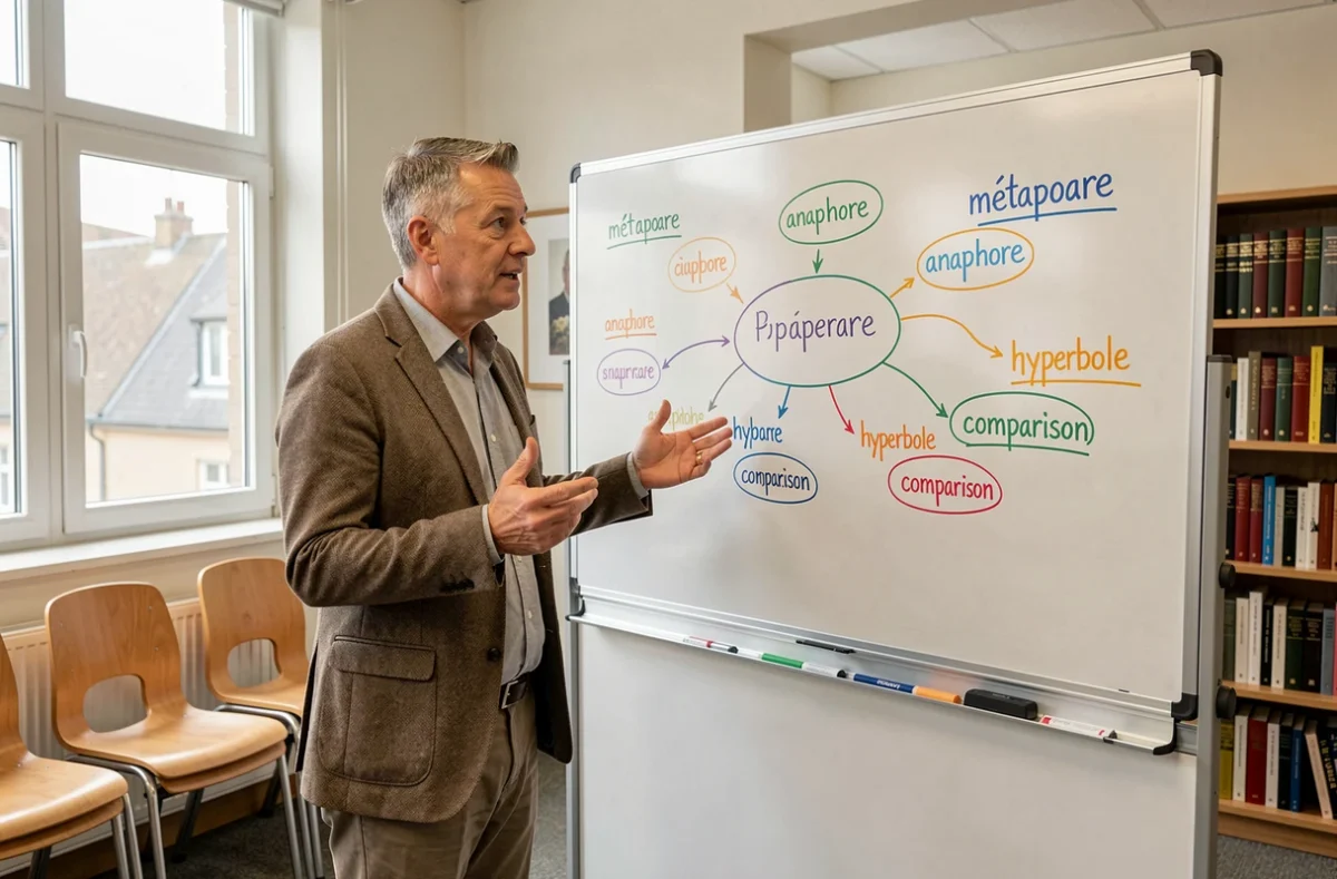 Professeur de français expliquant les figures de style devant un tableau blanc avec une carte mentale dans un lycée moderne