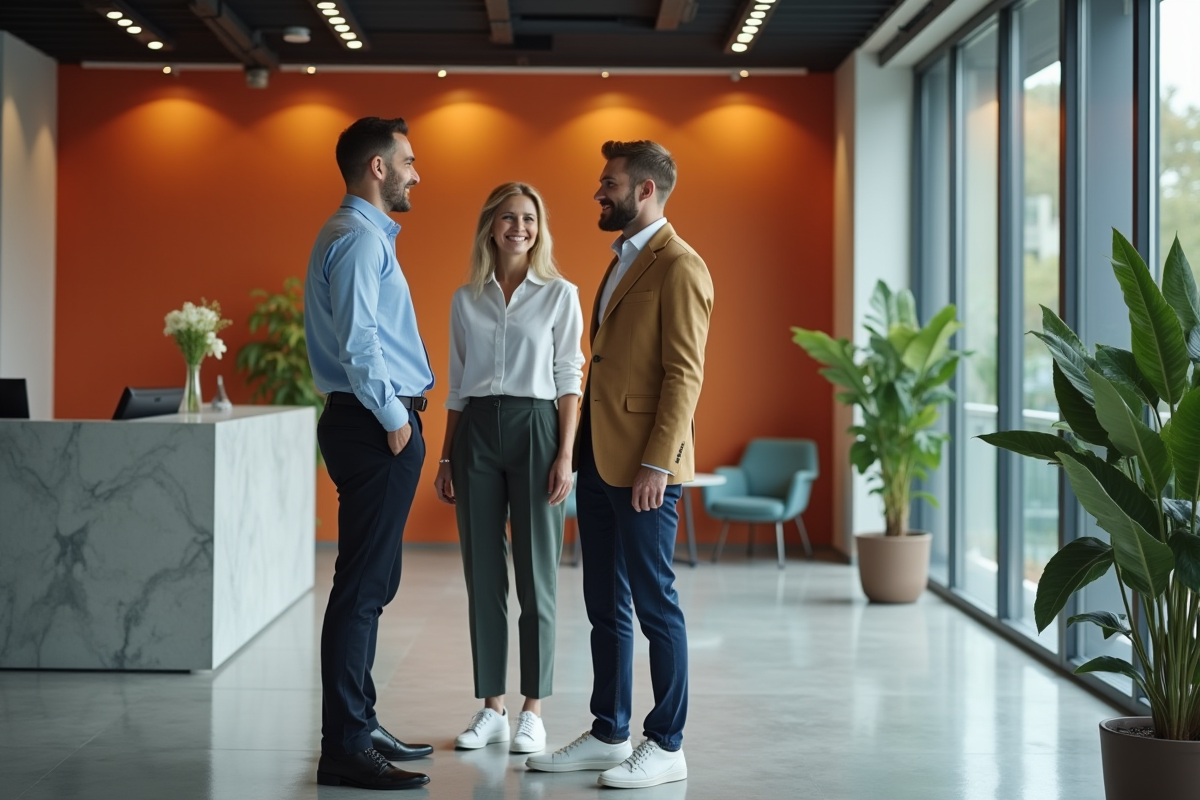 Deux professionnels discutant dans un hall d