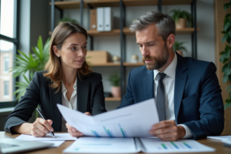 Homme et femme d'affaires analysant des documents financiers