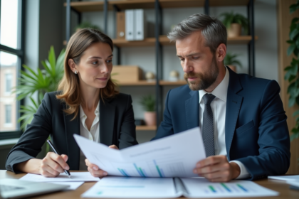 Homme et femme d'affaires analysant des documents financiers