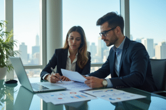 Jeune professionnel et femme en réunion finance