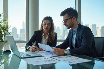 Jeune professionnel et femme en réunion finance