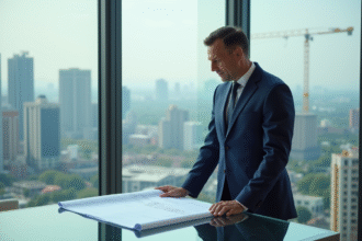 Promoteur immobilier en costume bleu examine plans dans un bureau urbain