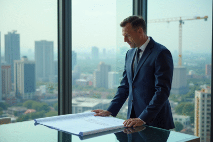 Promoteur immobilier en costume bleu examine plans dans un bureau urbain