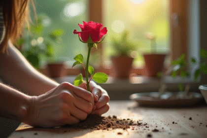 Mains tenant une tige de rose fraîchement coupée pour propagation
