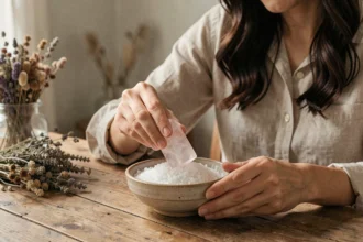 Femme plaçant un quartz rose dans un bol de sel marin pour purifier la pierre, ambiance rituel naturel