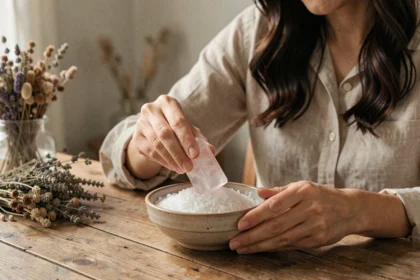 Femme plaçant un quartz rose dans un bol de sel marin pour purifier la pierre, ambiance rituel naturel