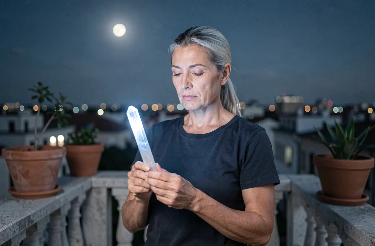 Femme tenant une baguette de sélénite sous la pleine lune sur un balcon, rituel de purification des pierres par la lumière lunaire