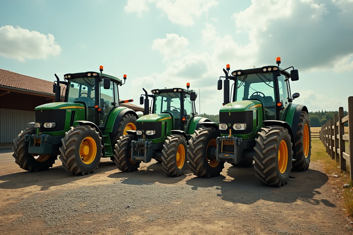 Rangée de tracteurs agricoles de différentes tailles garés dans la cour d'une coopérative agricole française