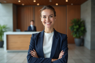 Femme en blazer navy accueillant un visiteur à la réception