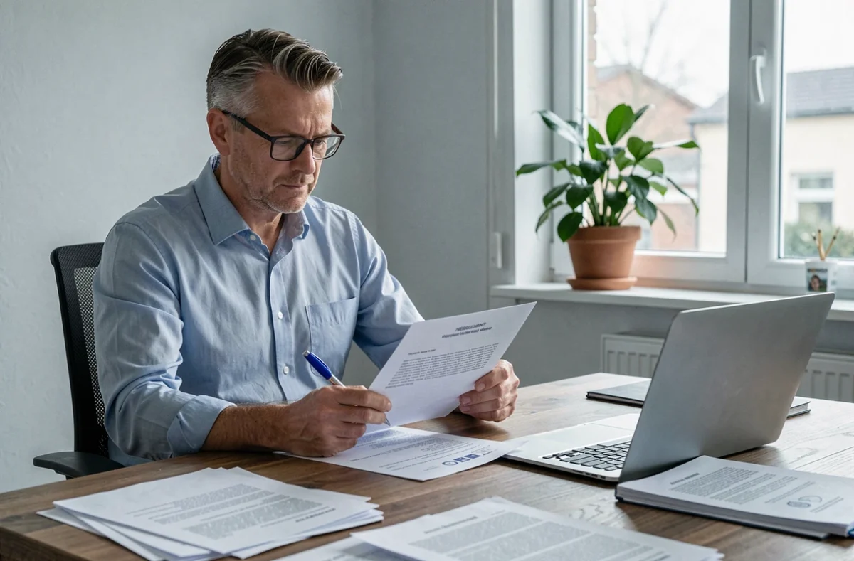 Homme adulte en train de relire une attestation d'hébergement imprimée dans un bureau à domicile