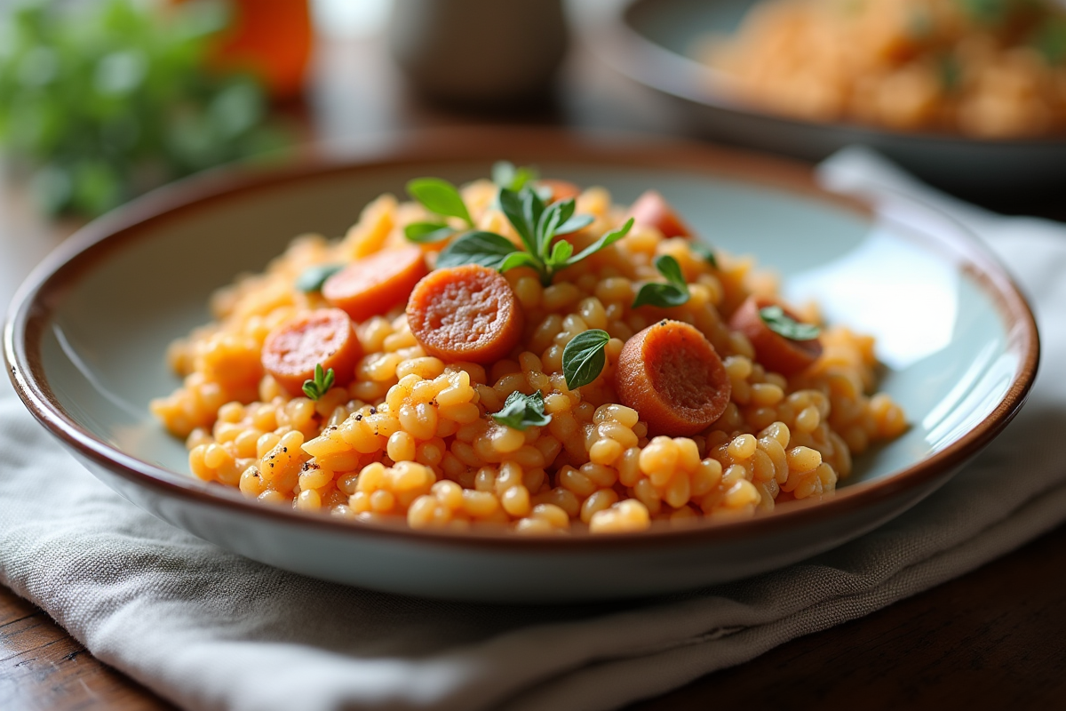 Risotto au chorizo vu de dessus dans une cuisine lumineuse
