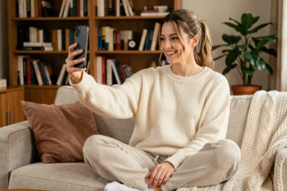 Femme trentenaire filmant une vidéo TikTok sur son canapé, souriant naturellement à son smartphone dans un appartement cosy, illustrant l'acceptation de soi au quotidien