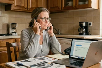 Femme d'âge mûr contactant le service client Darty par téléphone depuis sa cuisine, entourée de manuels d'appareils électroménagers