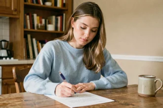 Jeune femme signant une lettre d'attestation d'hébergement pour étudiant à une table en bois dans un appartement