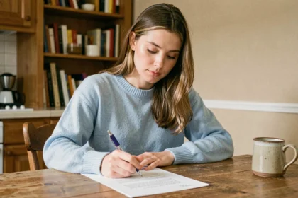 Jeune femme signant une lettre d'attestation d'hébergement pour étudiant à une table en bois dans un appartement