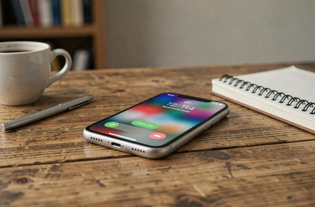 Smartphone posé sur un bureau affichant un appel entrant d'un numéro court inconnu