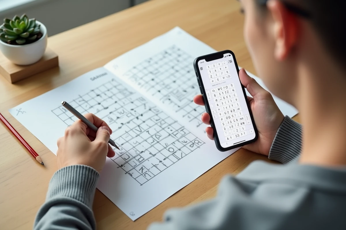 Mains tenant un smartphone avec une application d'aide aux mots fléchés à côté d'une grille imprimée