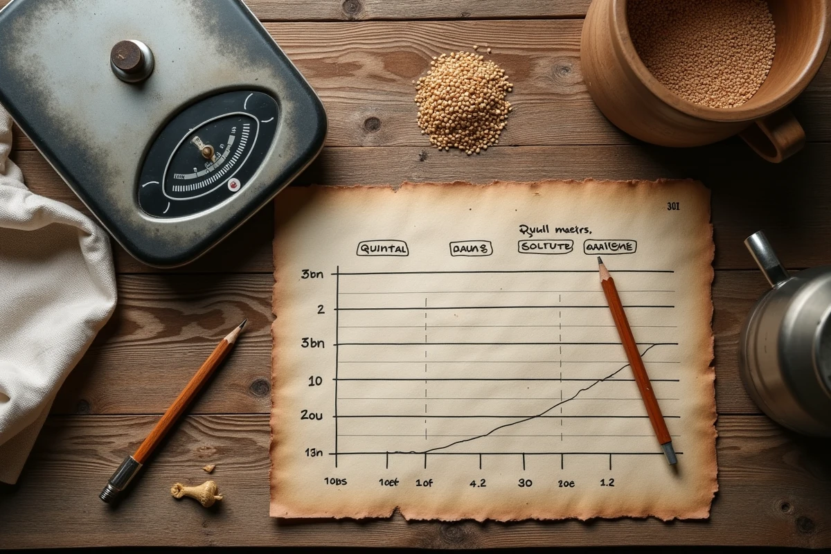 Vue aérienne d'une table rustique avec une balance, des grains et un tableau de conversion quintaux en tonnes