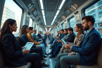 Groupe de jeunes professionnels dans un train électrique futuriste
