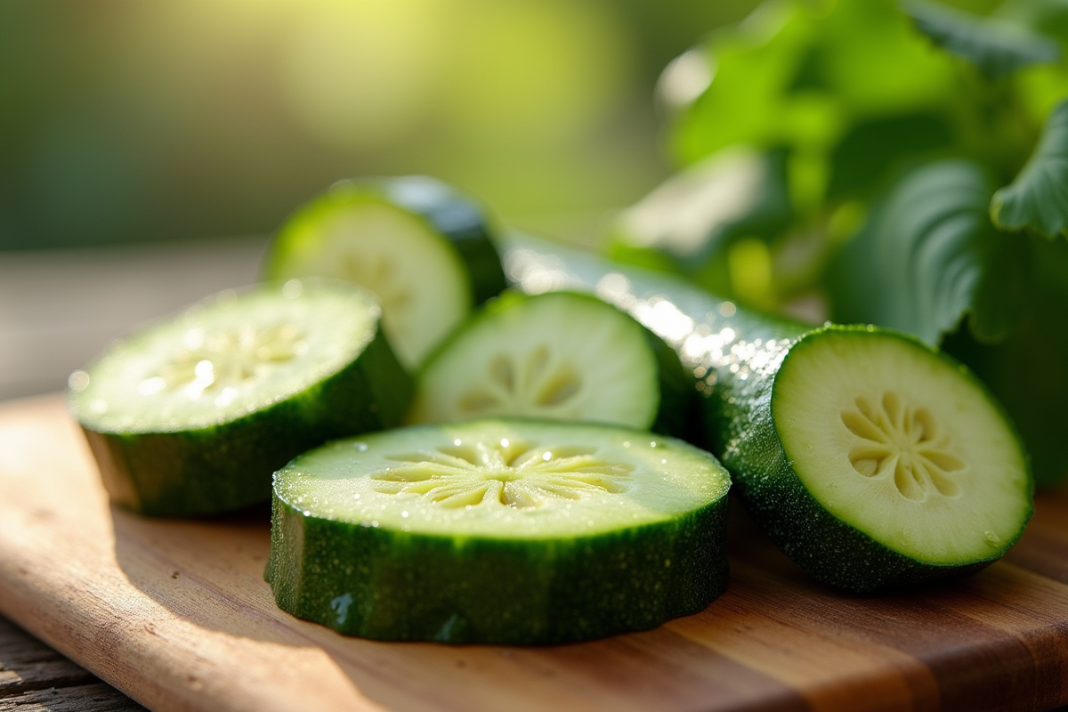 Tranches de concombre et zucchini sur planche en bois