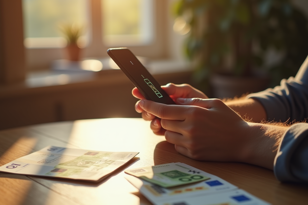 Main utilisant une application bancaire sur smartphone avec reconnaissance faciale