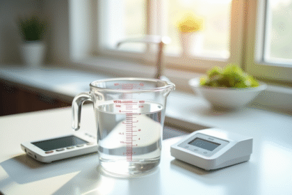Verre mesureur rempli à 400 ml d'eau sur plan de cuisine