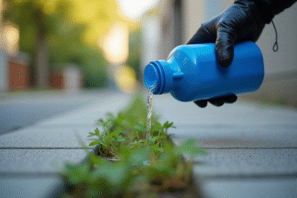 Main gantée versant AdBlue sur des mauvaises herbes entre le pavé