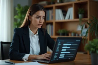 Femme préoccupée consultant les paramètres de confidentialité sur un ordinateur portable dans un bureau moderne, illustrant la sécurité numérique et la vie privée