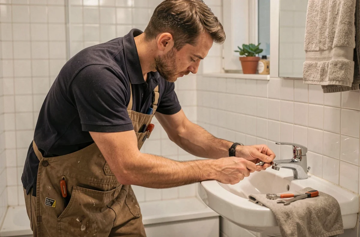 Artisan indépendant Vignaut Sylvain installant un robinet dans une salle de bain à Limoges