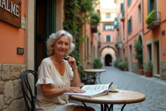 Femme italienne résolvant des mots fléchés sur une piazza pavée d'une ville italienne typique avec façades ocre et toits en tuiles