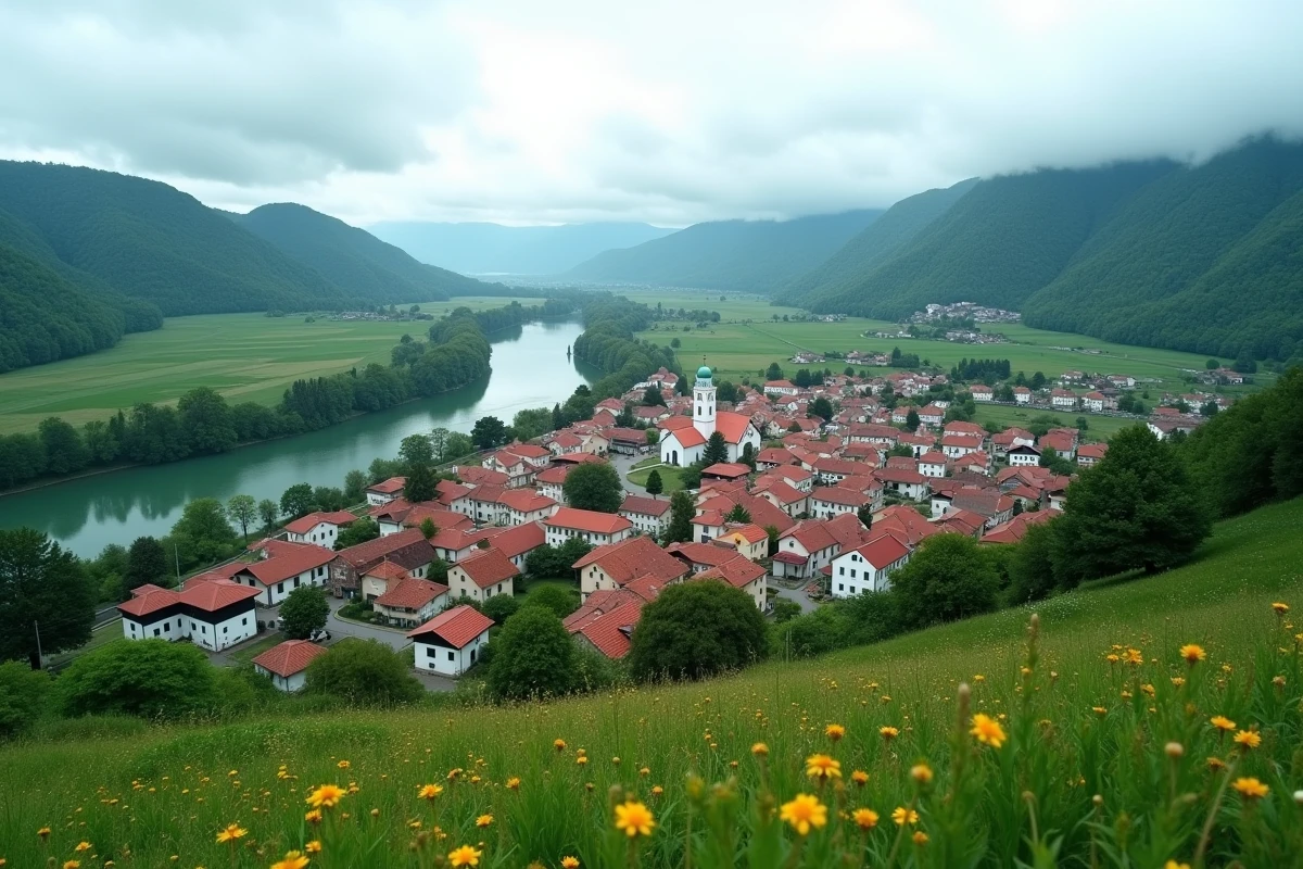 Vue panoramique d'une petite ville serbe aux toits rouges nichée dans une vallée verdoyante avec une église orthodoxe