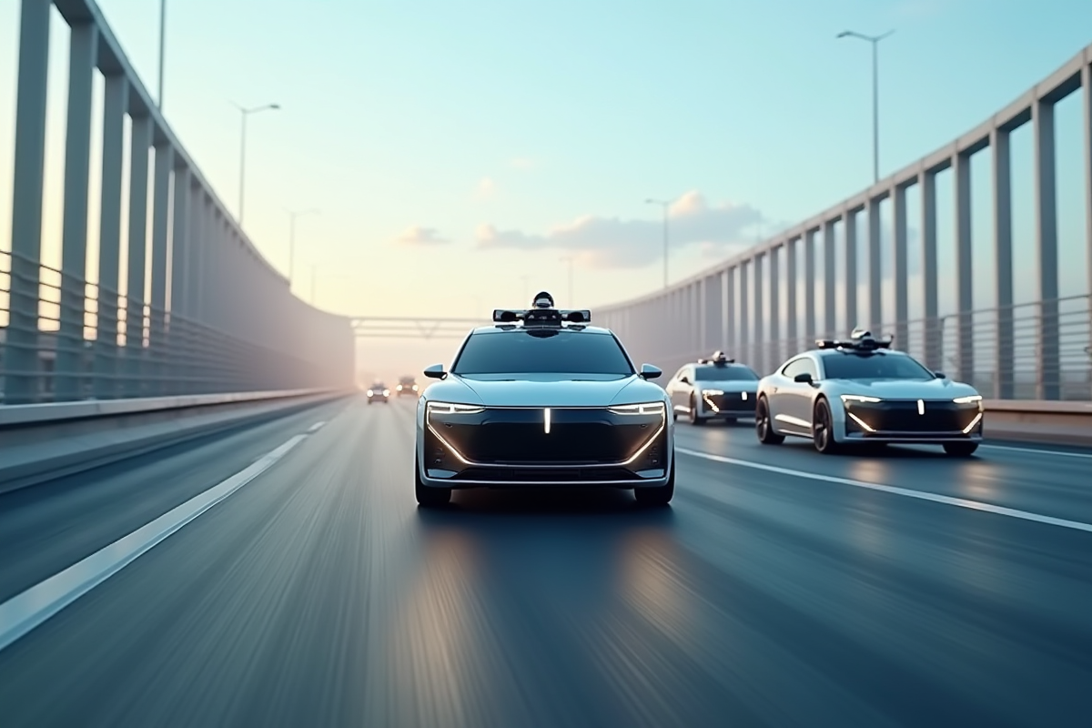Voiture autonome sur une route futuriste avec véhicules et capteurs