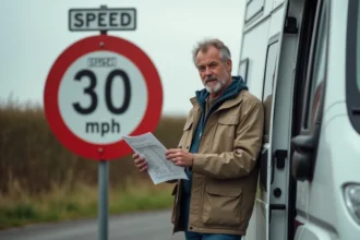 Homme d'âge moyen vérifiant un panneau de vitesse en campagne